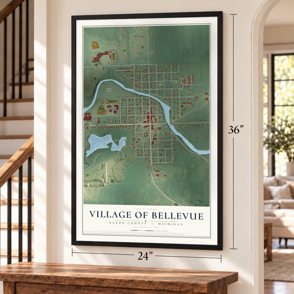 Bellevue, Michigan map, 24 x 36 inch print in a black frame by a staircase