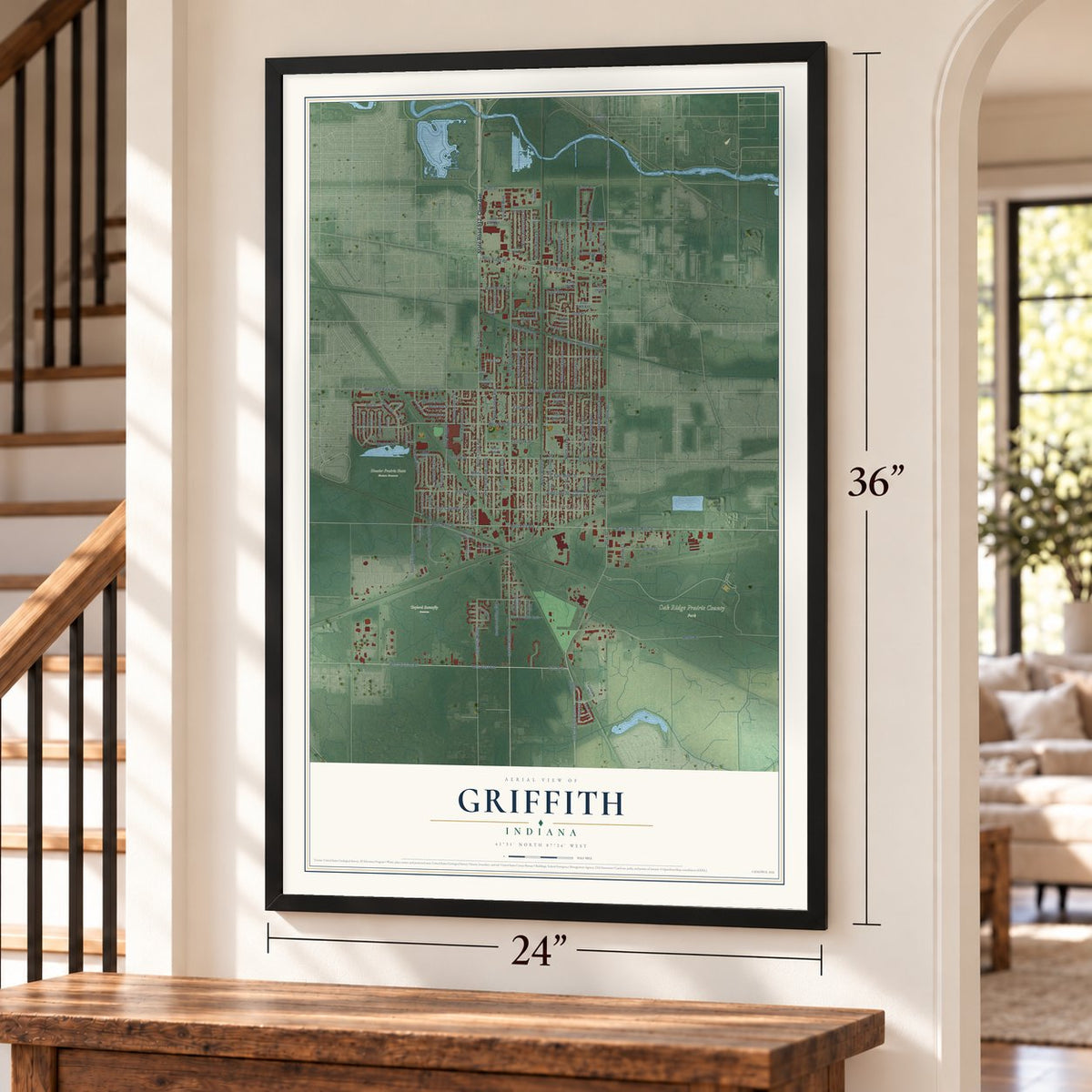 Griffith, Indiana map, 24 x 36 inch print in a black frame by a staircase