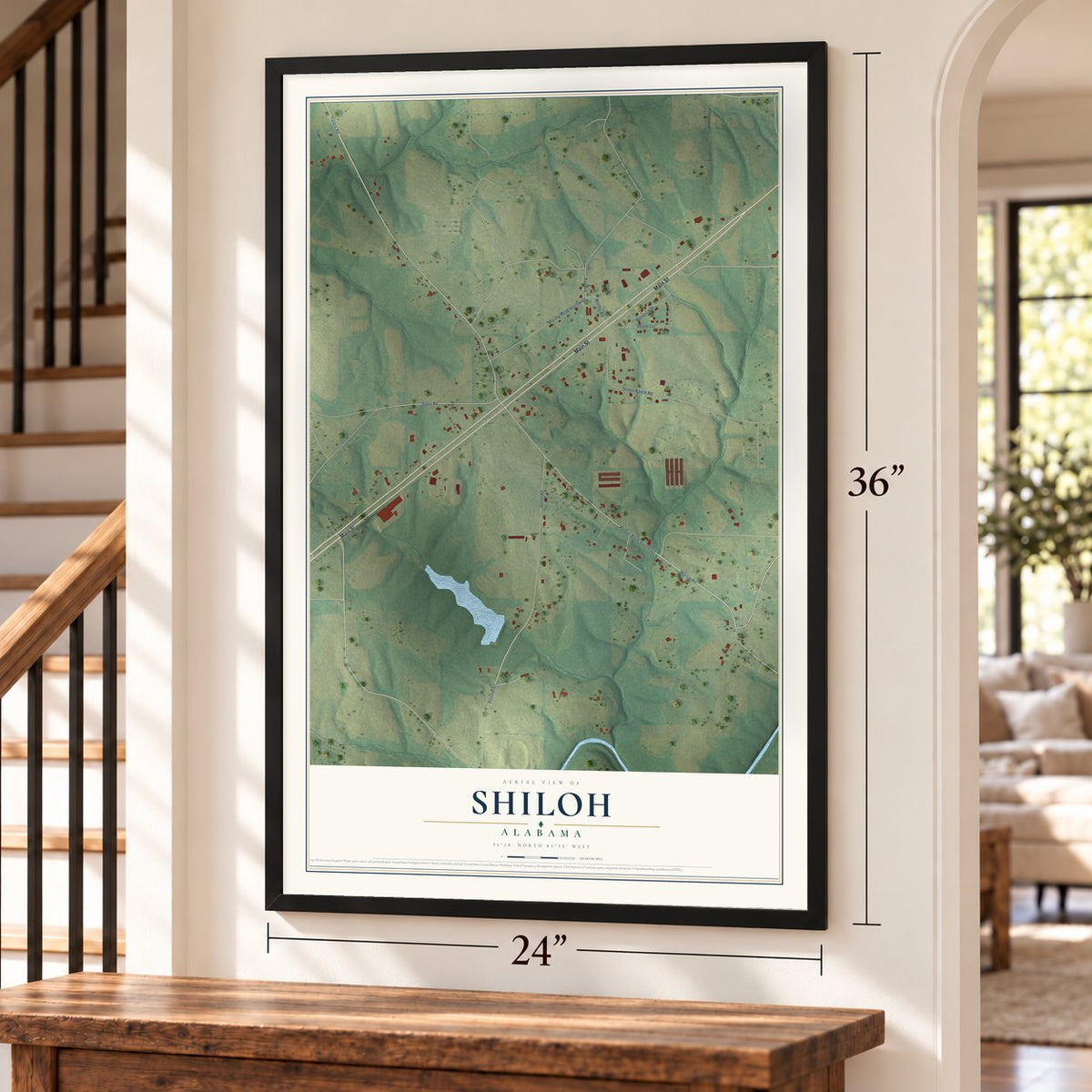 Shiloh, Alabama map, 24 x 36 inch print in a black frame by a staircase