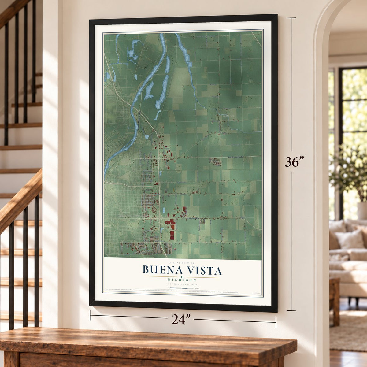 Buena Vista, Michigan map, 24 x 36 inch print in a black frame by a staircase