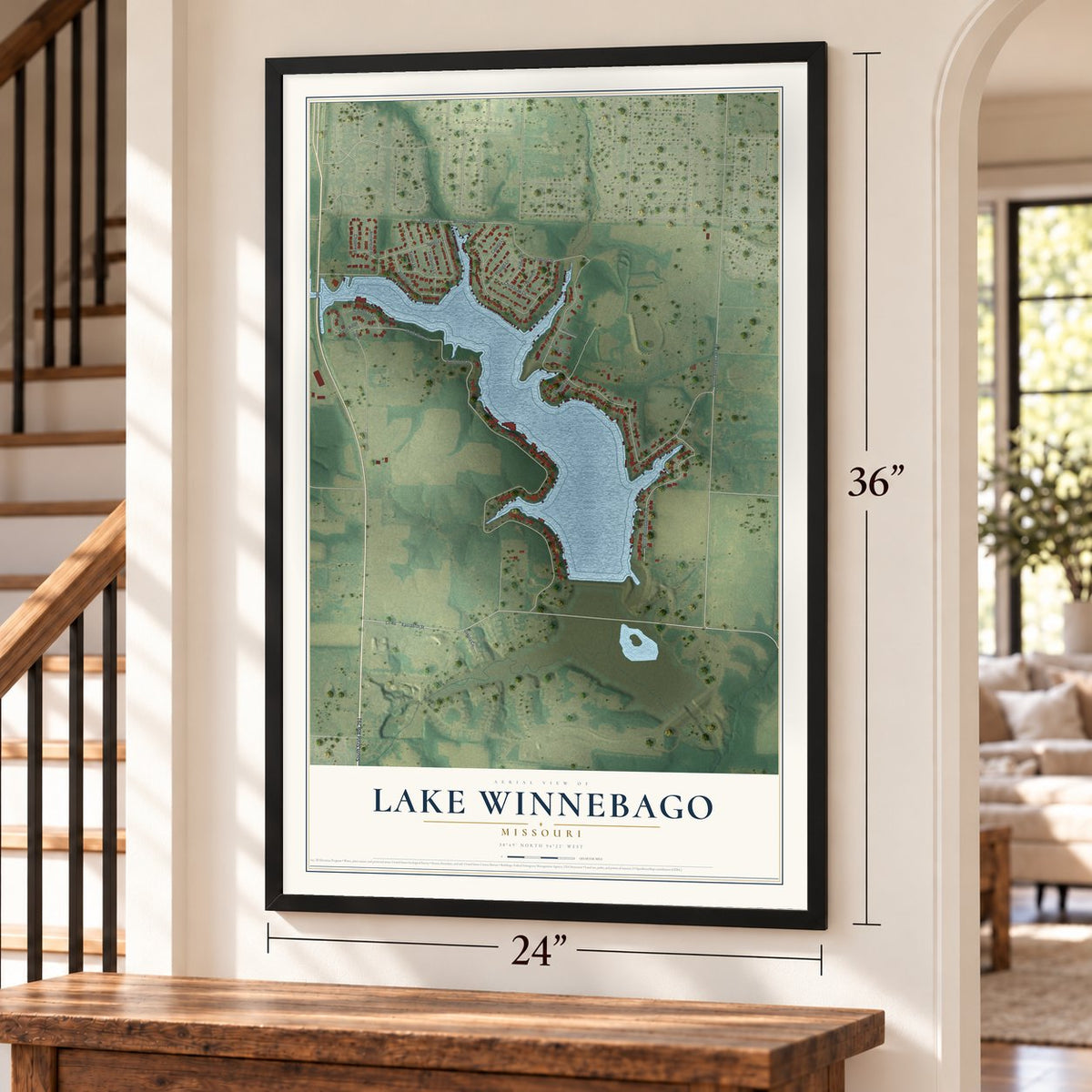 Lake Winnebago, Missouri map, 24 x 36 inch print in a black frame by a staircase