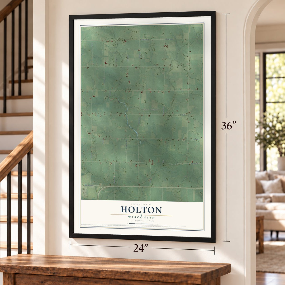 Holton, Wisconsin map, 24 x 36 inch print in a black frame by a staircase