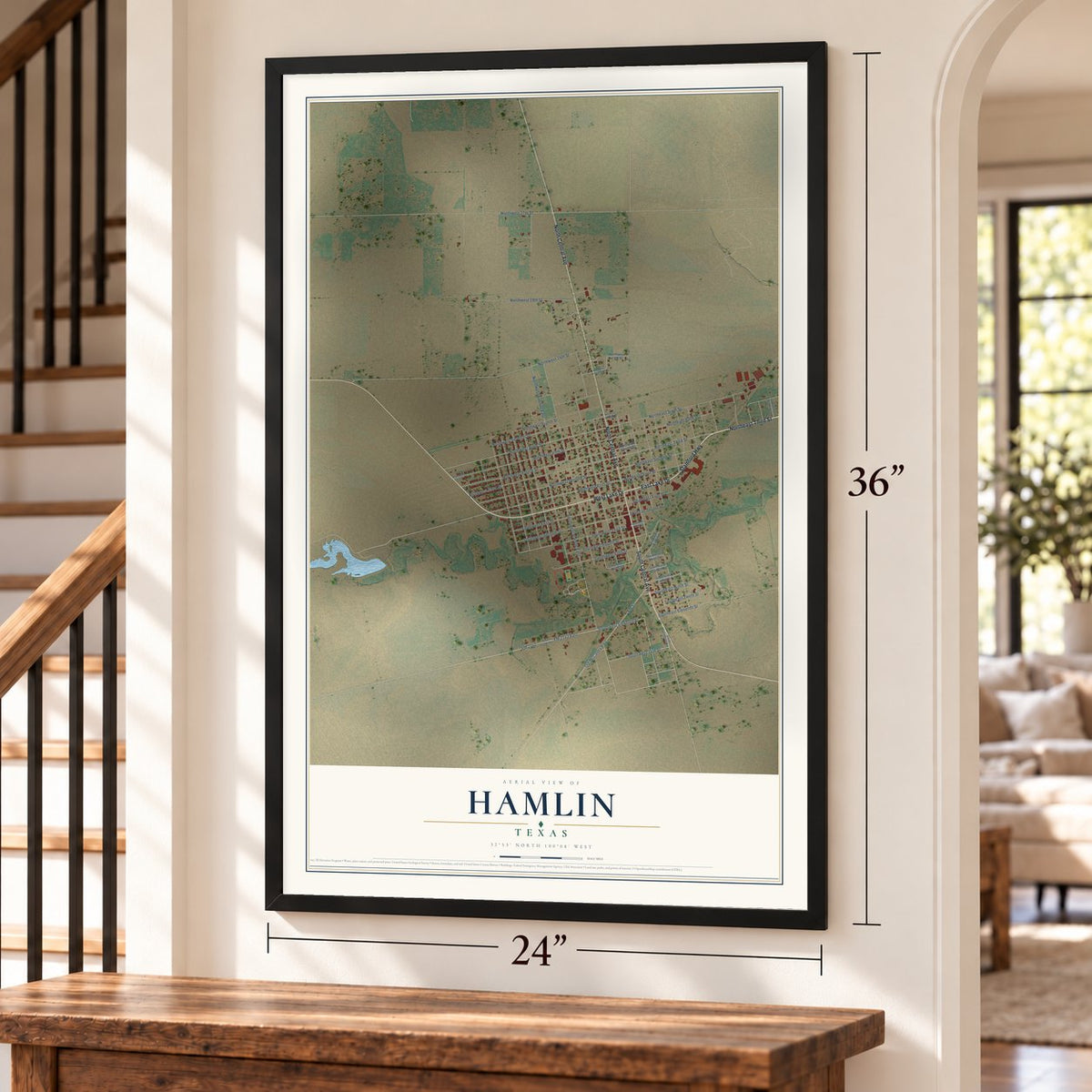 Hamlin, Texas map, 24 x 36 inch print in a black frame by a staircase