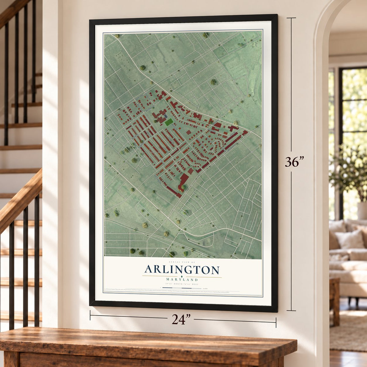 Arlington, Maryland map, 24 x 36 inch print in a black frame by a staircase