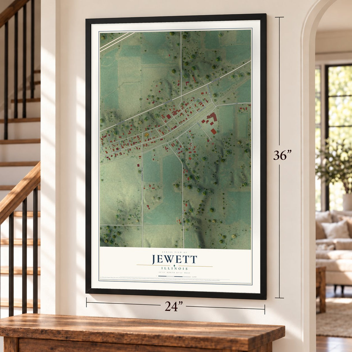 Jewett, Illinois map, 24 x 36 inch print in a black frame by a staircase