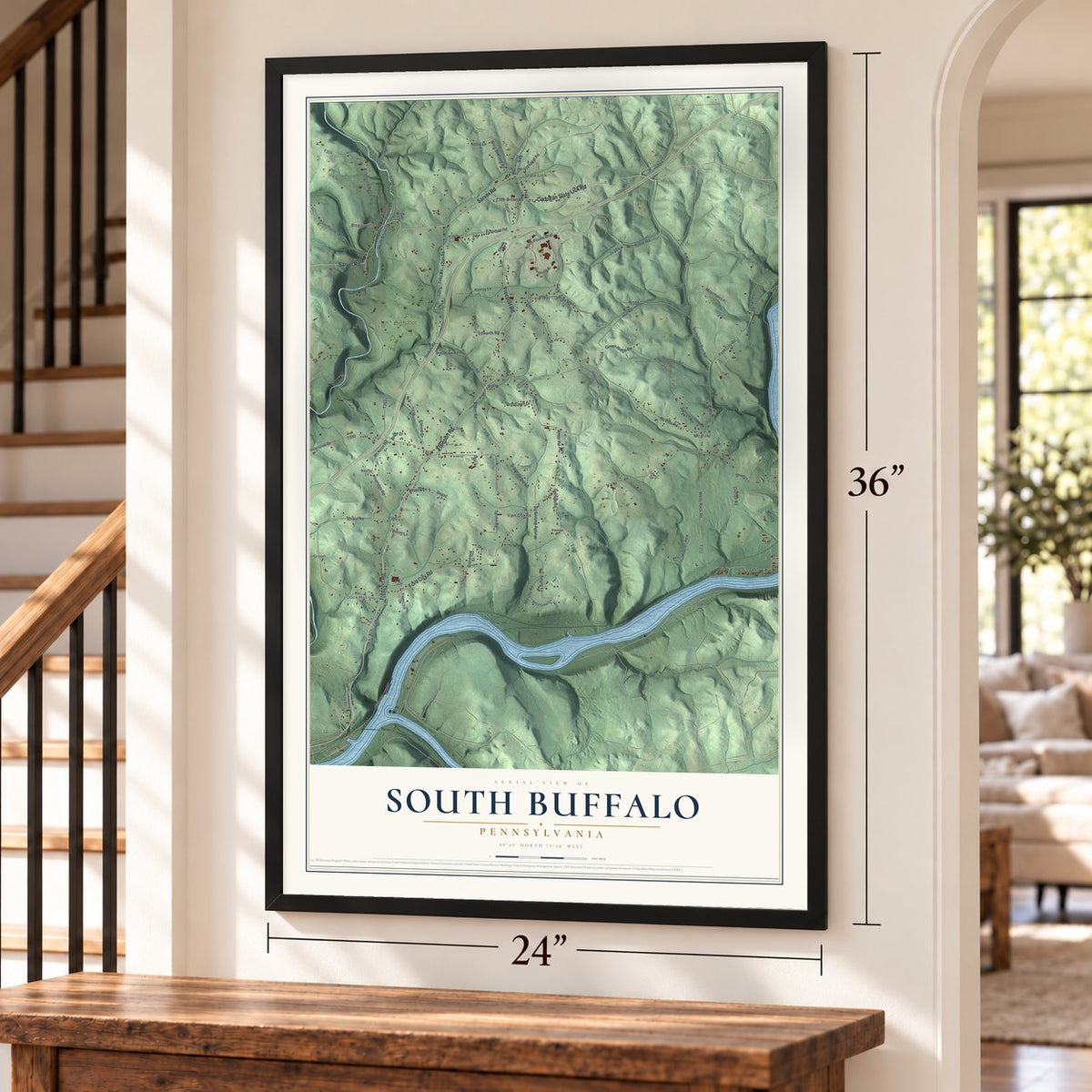 South Buffalo, Pennsylvania map, 24 x 36 inch print in a black frame by a staircase