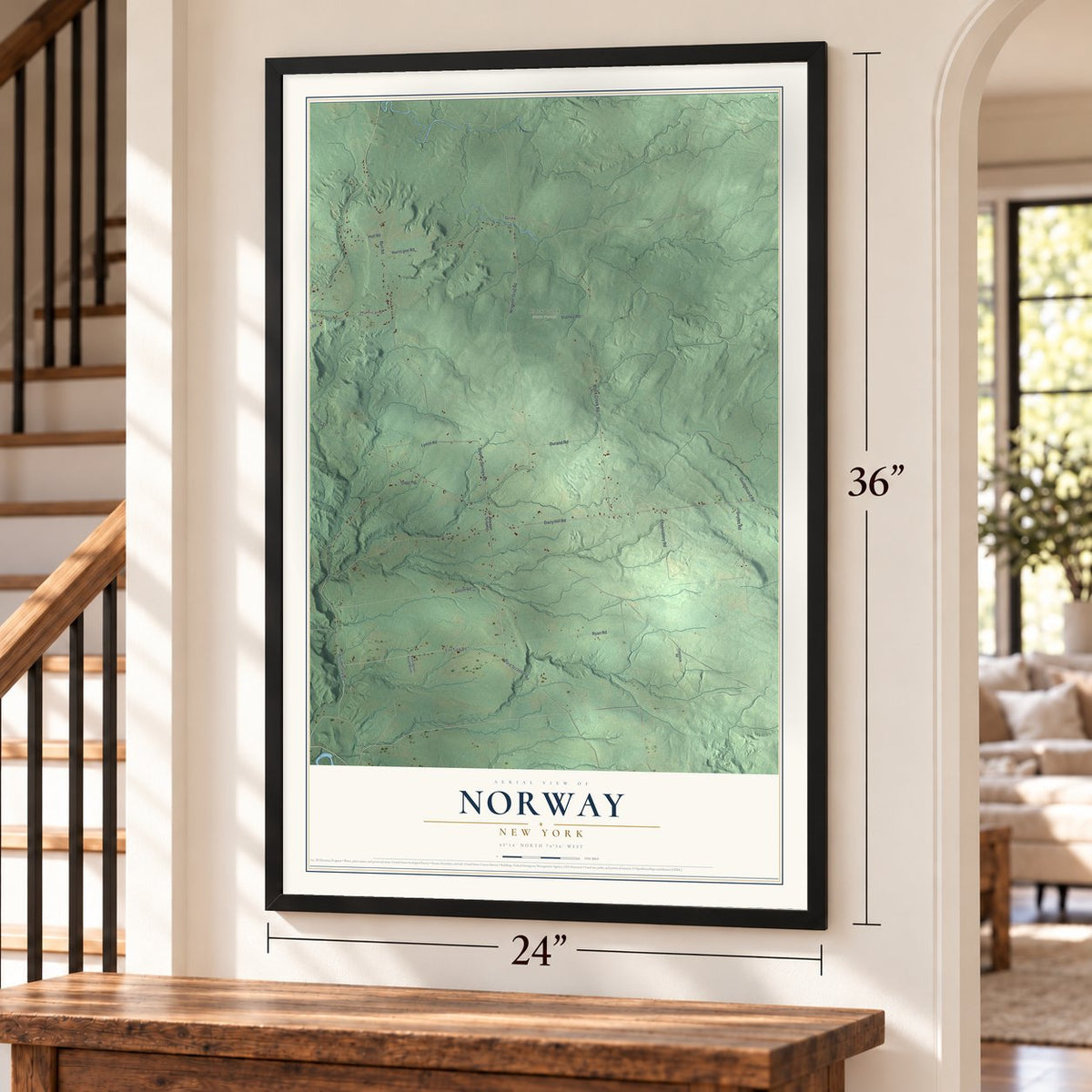 Norway, New York map, 24 x 36 inch print in a black frame by a staircase