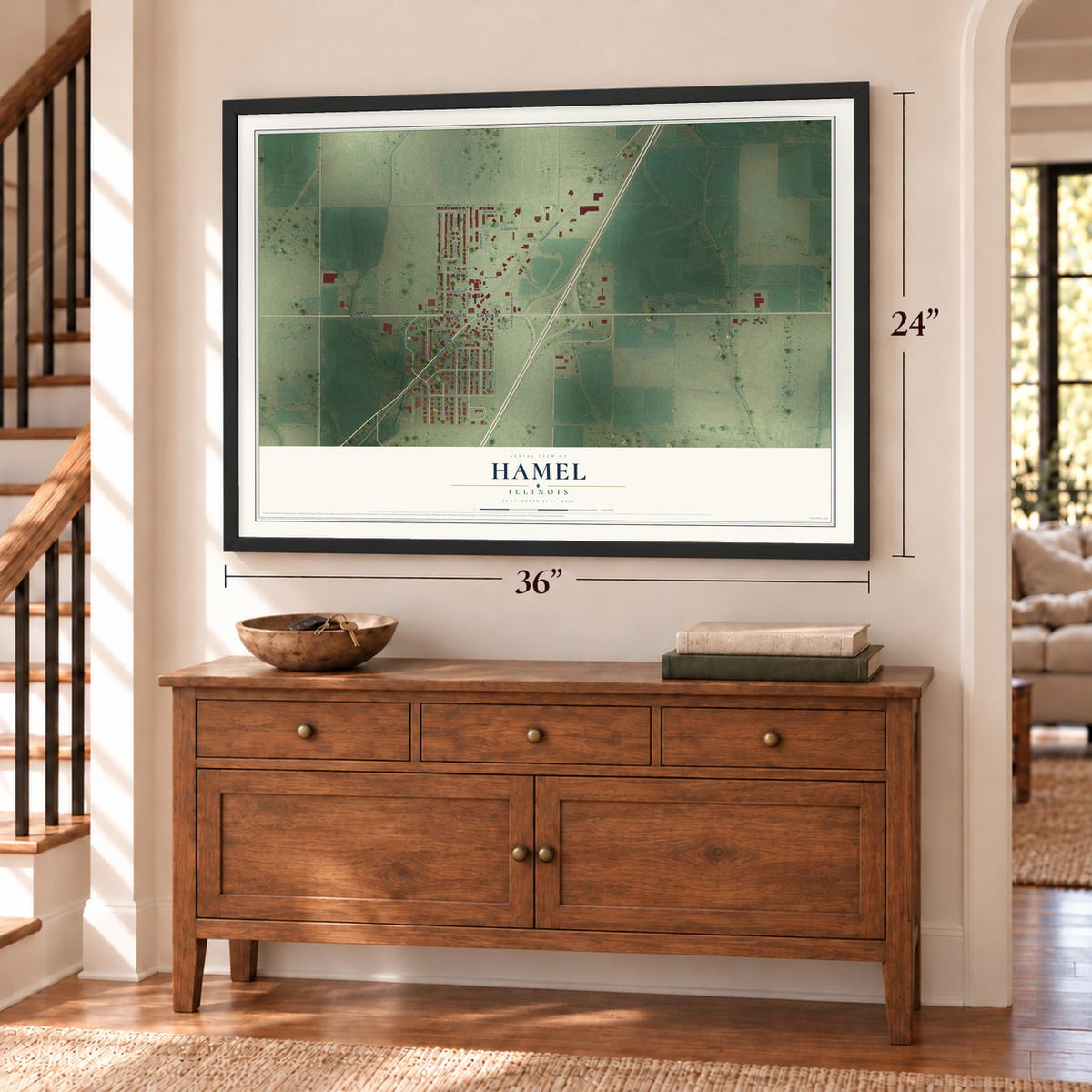Hamel, Illinois map, 24 x 36 inch print in a black frame above a dresser by a staircase