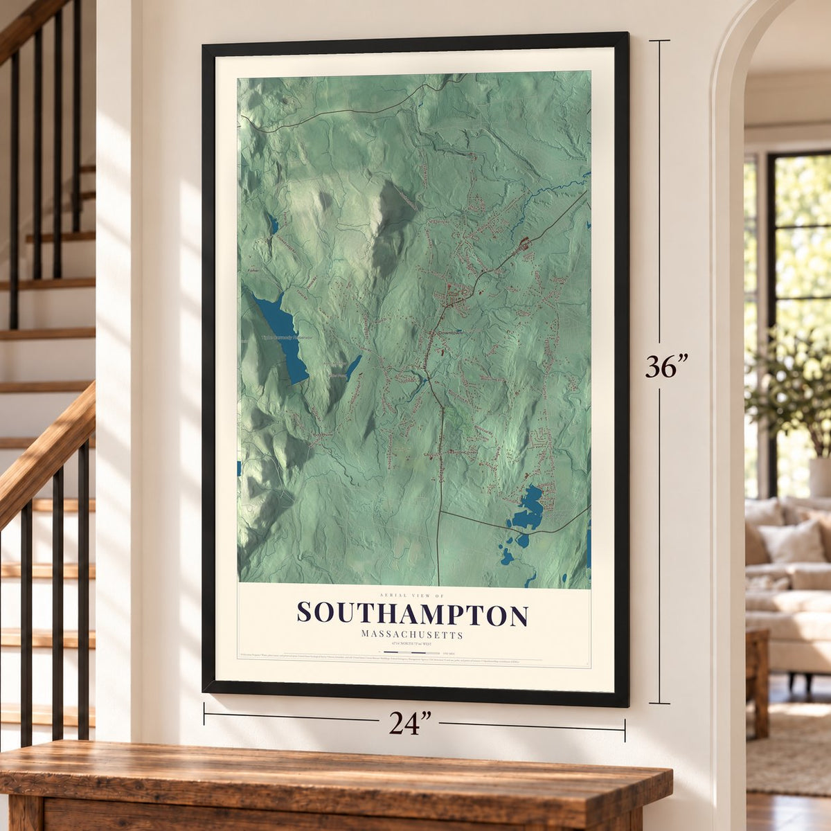 Southampton, Massachusetts map, 24 x 36 inch print in a black frame by a staircase