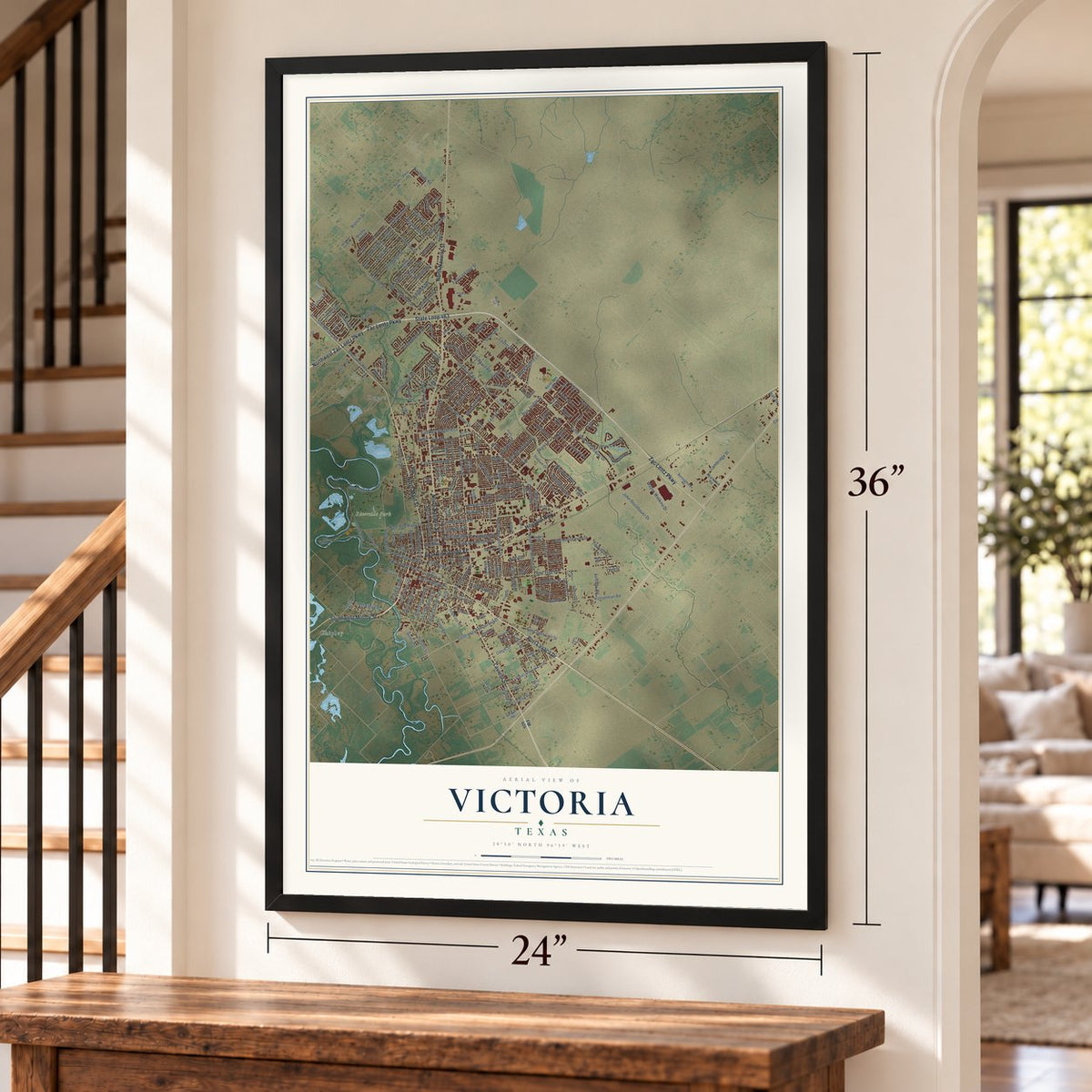 Victoria, Texas map, 24 x 36 inch print in a black frame by a staircase