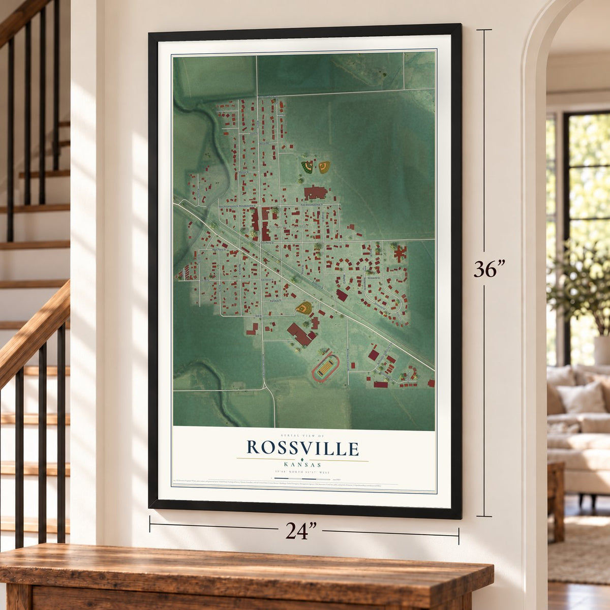 Rossville, Kansas map, 24 x 36 inch print in a black frame by a staircase