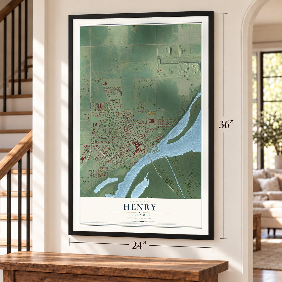 Henry, Illinois map, 24 x 36 inch print in a black frame by a staircase