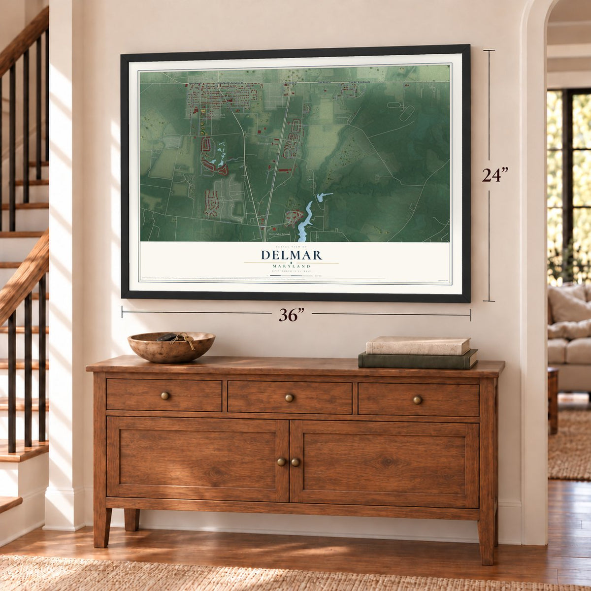 Delmar, Maryland map, 24 x 36 inch print in a black frame above a dresser by a staircase