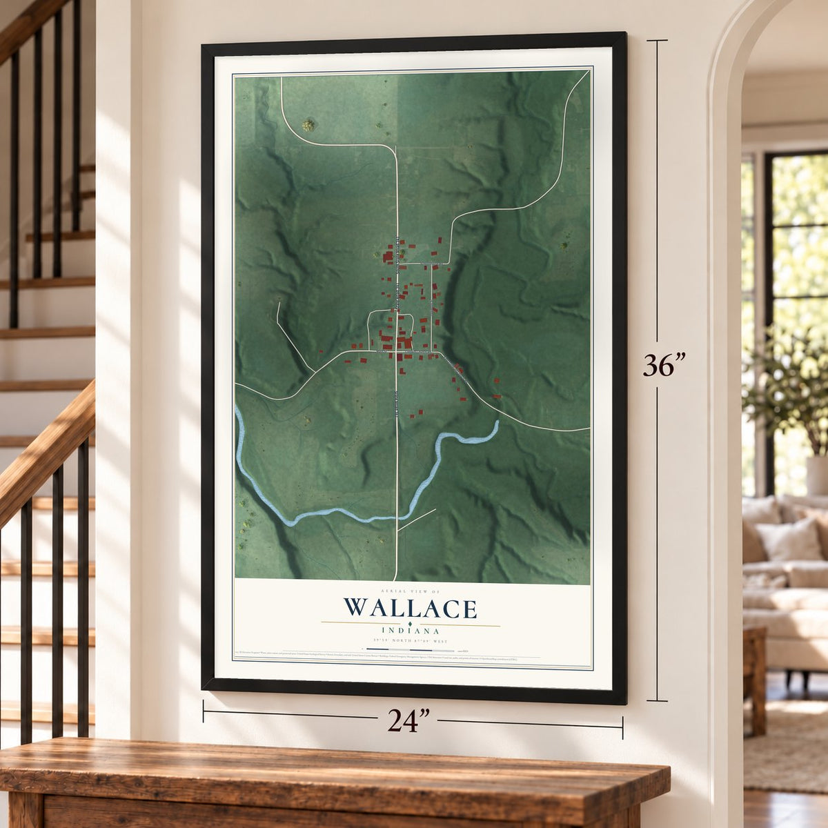 Wallace, Indiana map, 24 x 36 inch print in a black frame by a staircase