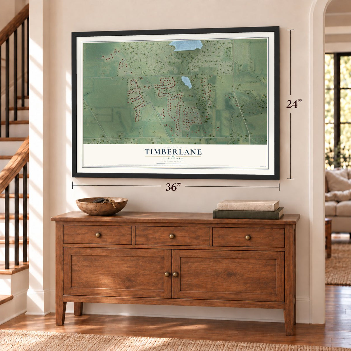 Timberlane, Illinois map, 24 x 36 inch print in a black frame above a dresser by a staircase