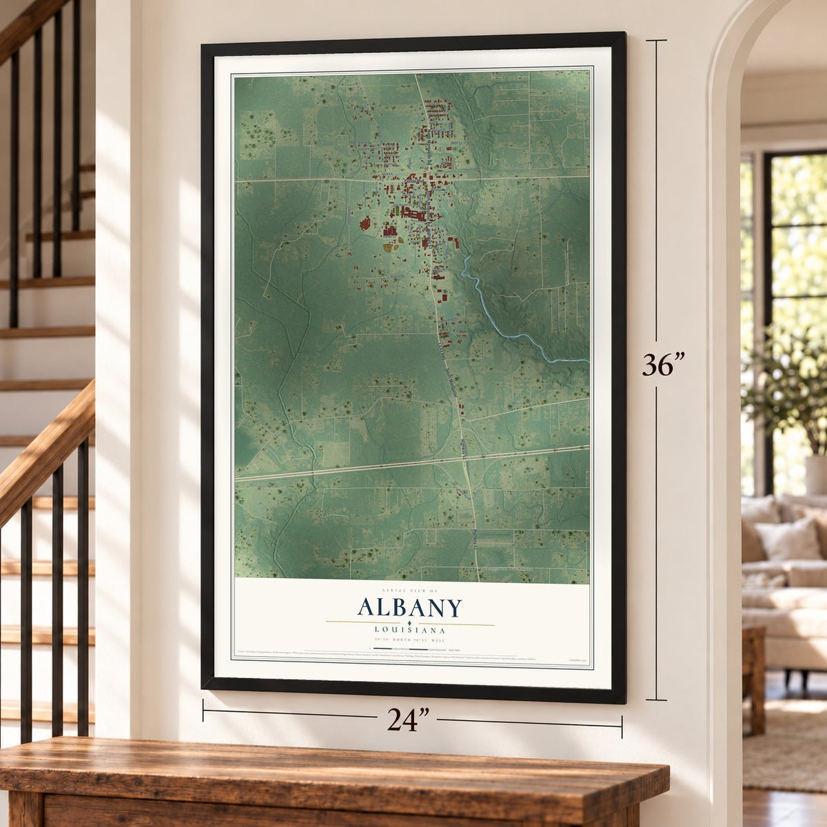 Albany, Louisiana map, 24 x 36 inch print in a black frame by a staircase