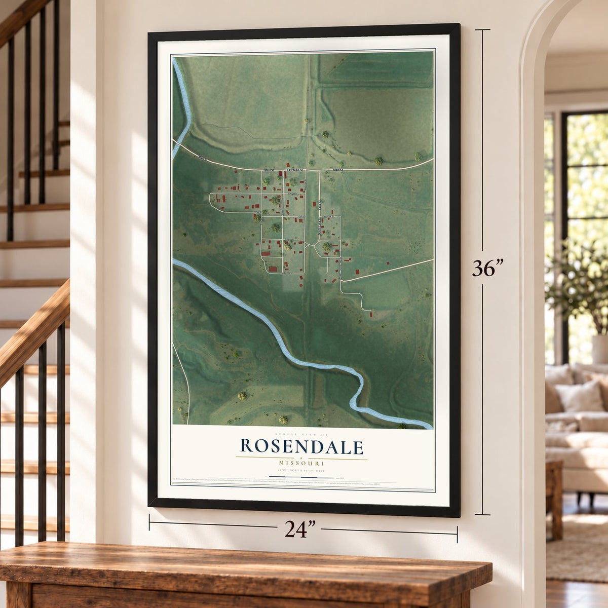 Rosendale, Missouri map, 24 x 36 inch print in a black frame by a staircase