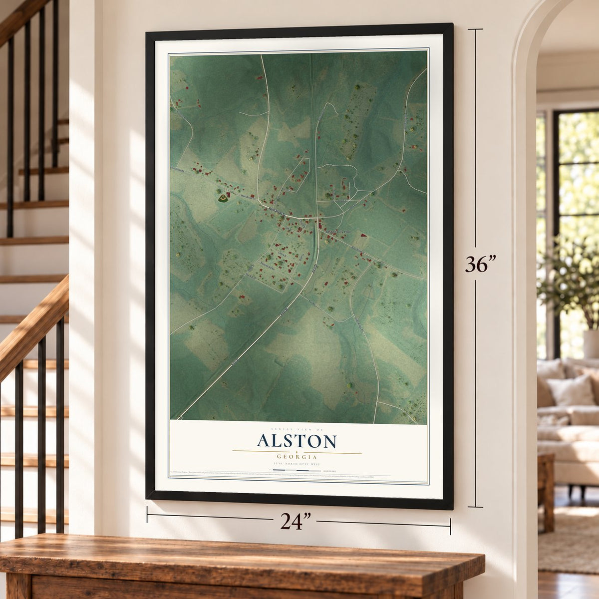 Alston, Georgia map, 24 x 36 inch print in a black frame by a staircase