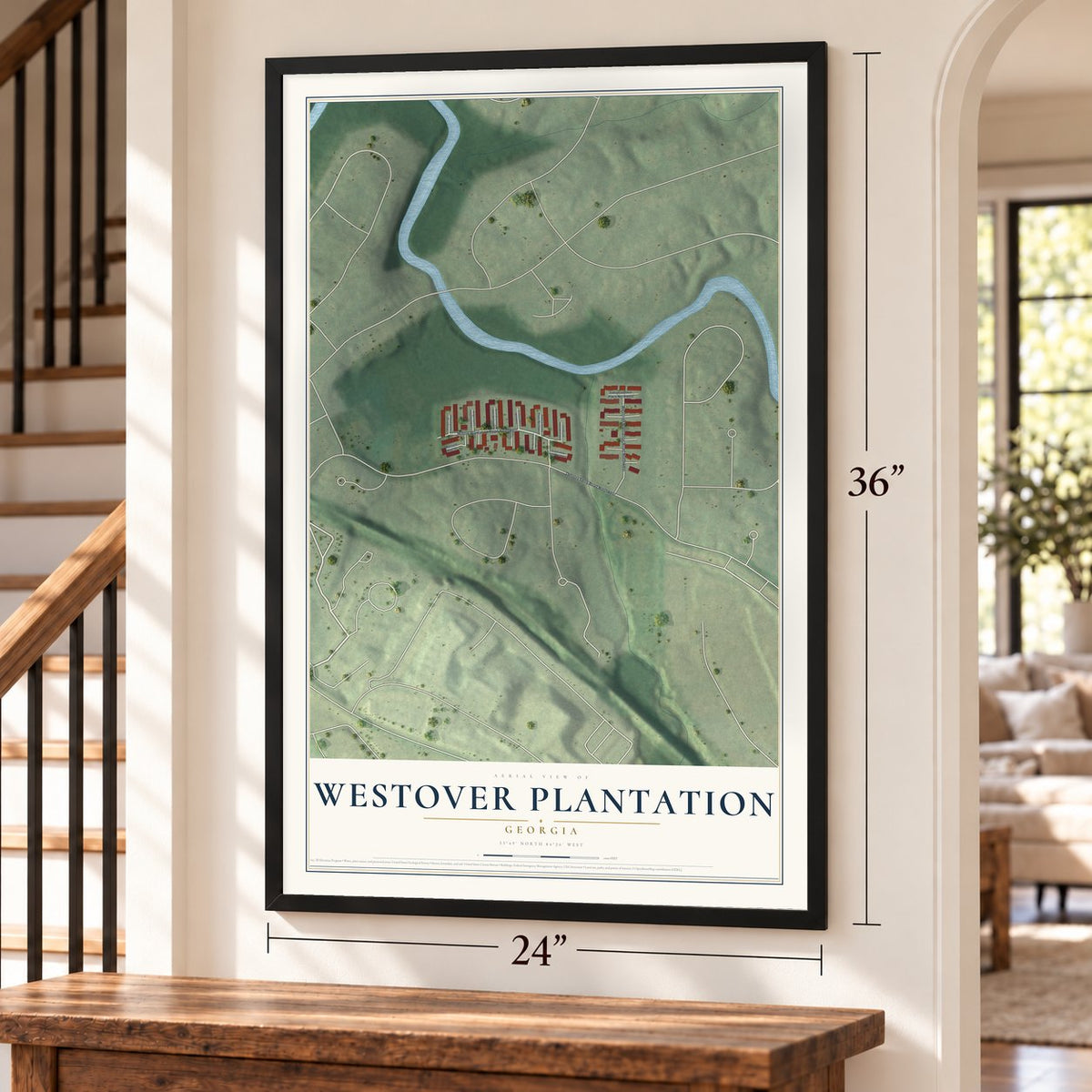 Westover Plantation, Georgia map, 24 x 36 inch print in a black frame by a staircase