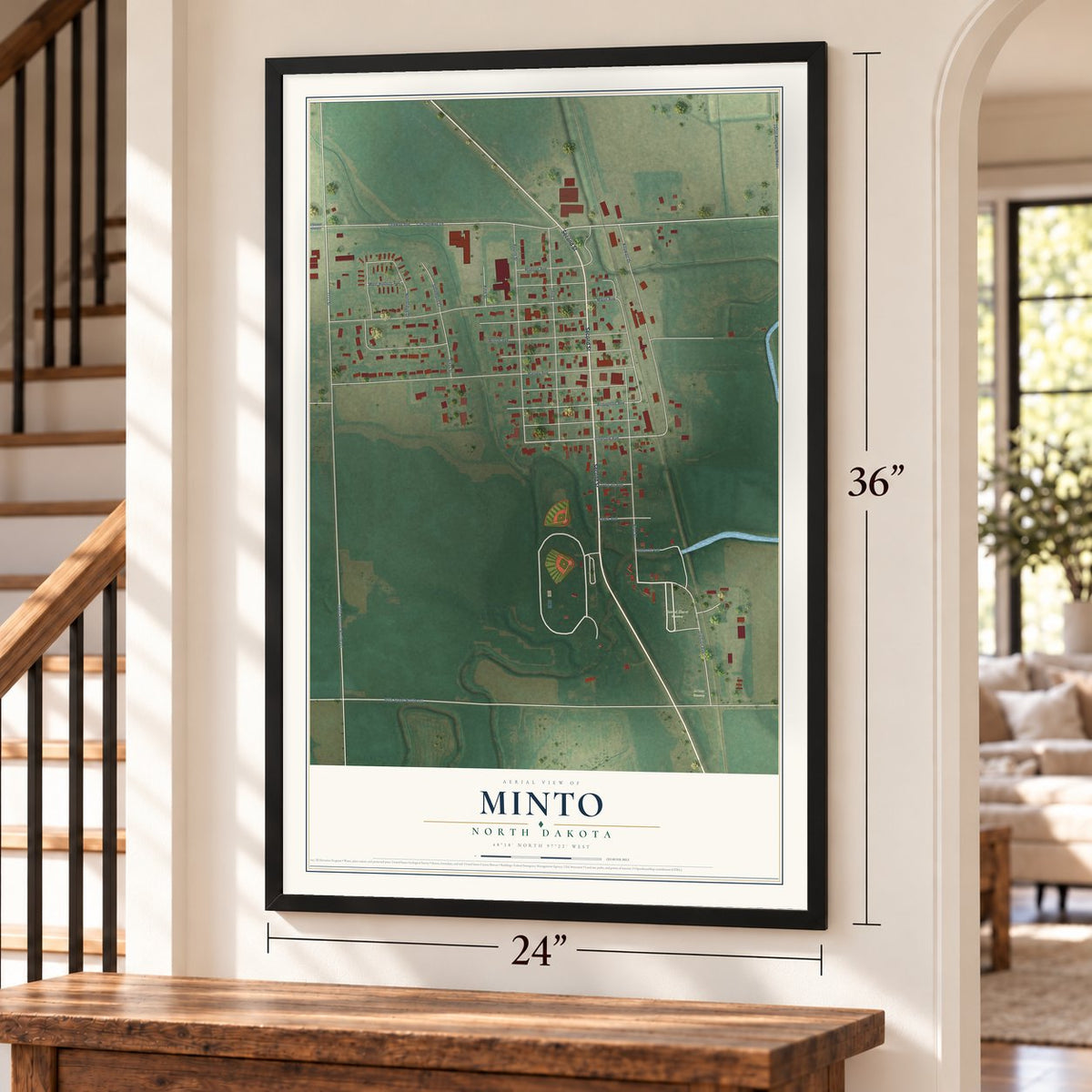 Minto, North Dakota map, 24 x 36 inch print in a black frame by a staircase