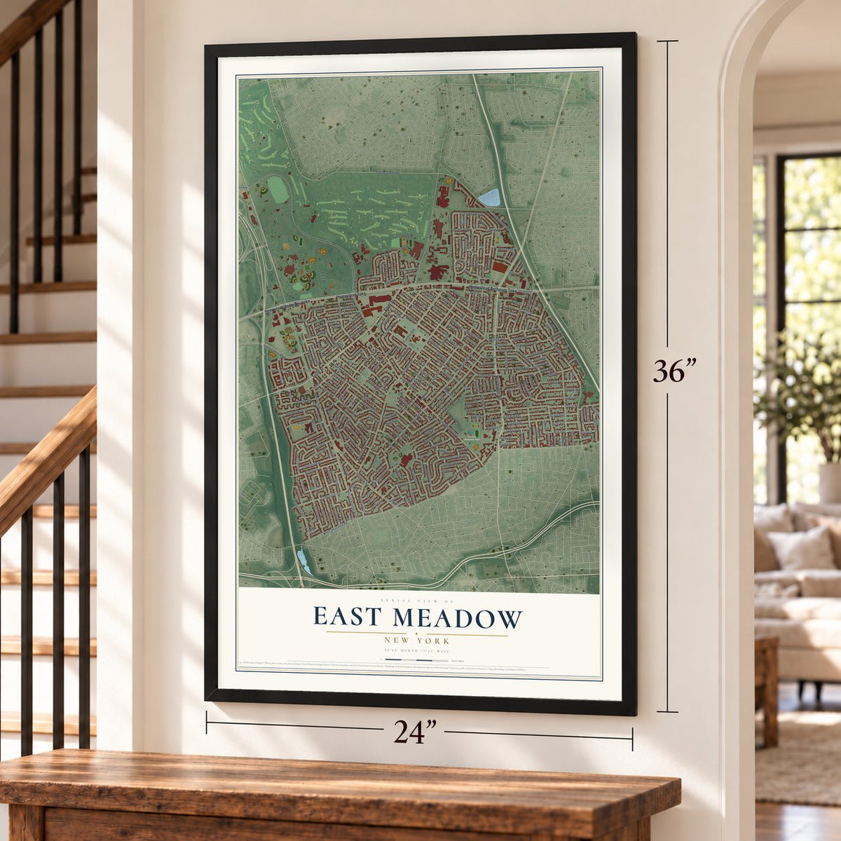 East Meadow, New York map, 24 x 36 inch print in a black frame by a staircase