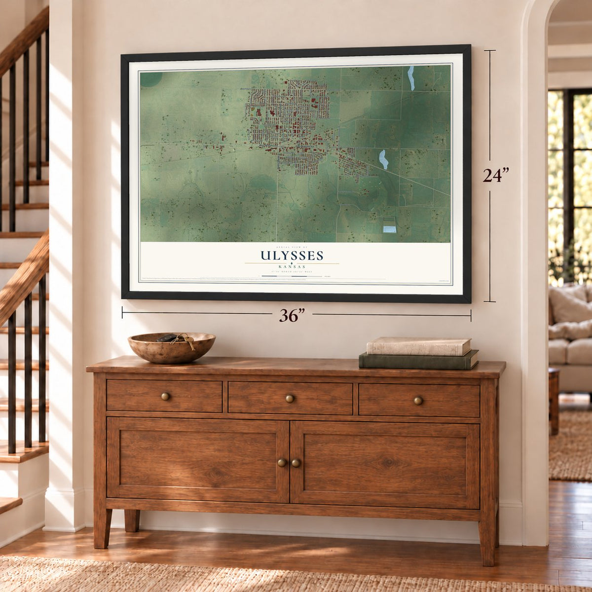 Ulysses, Kansas map, 24 x 36 inch print in a black frame above a dresser by a staircase
