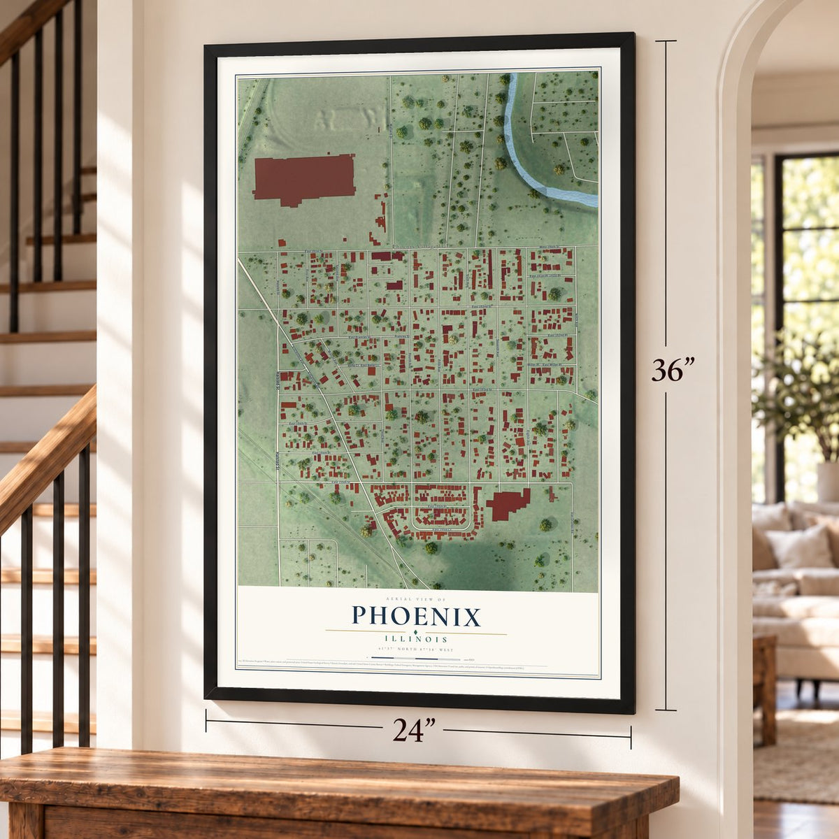 Phoenix, Illinois map, 24 x 36 inch print in a black frame by a staircase