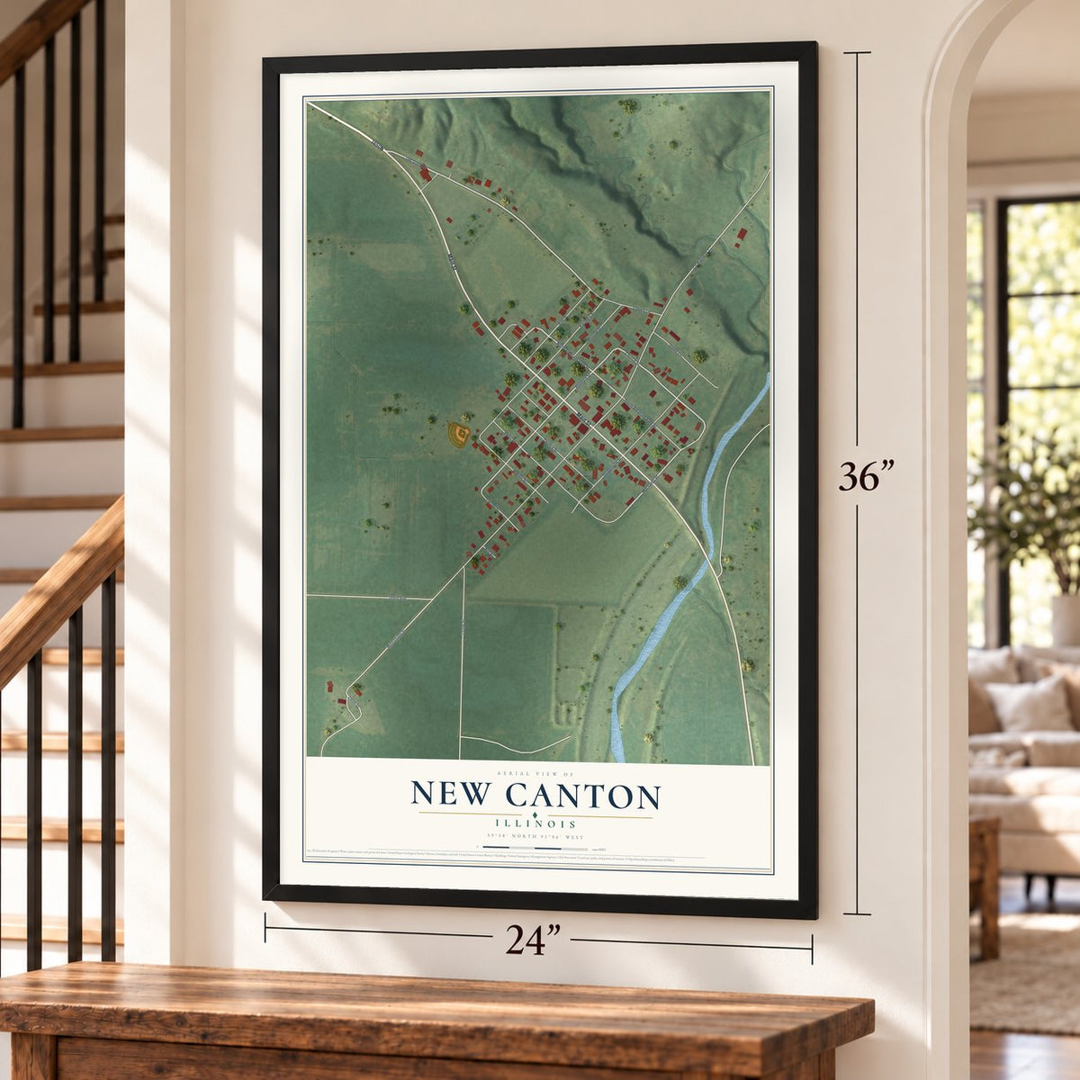 New Canton, Illinois map, 24 x 36 inch print in a black frame by a staircase