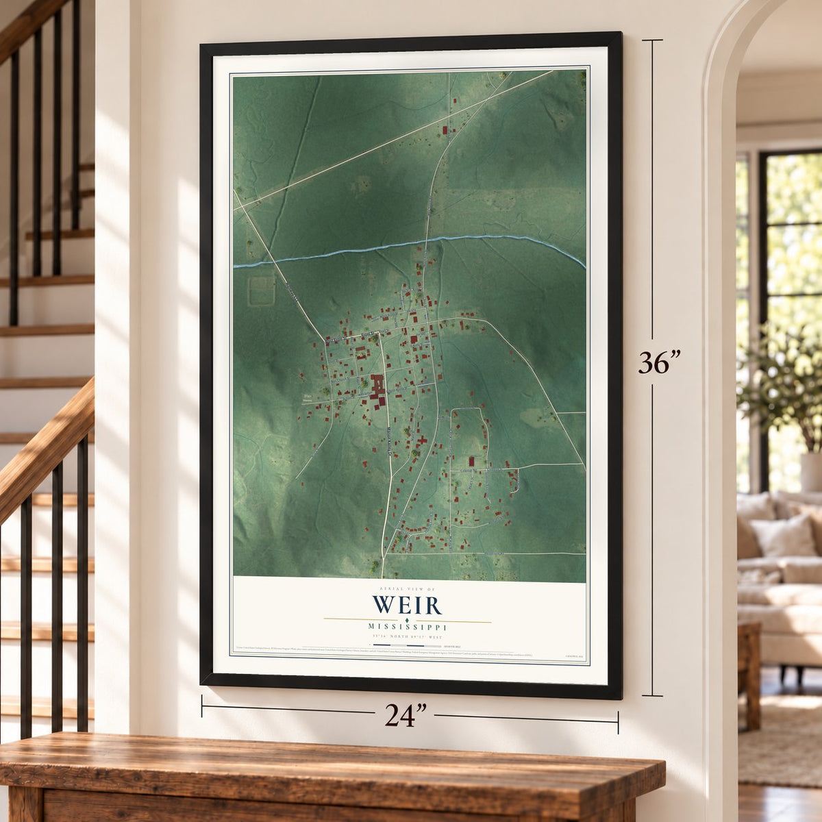 Weir, Mississippi map, 24 x 36 inch print in a black frame by a staircase