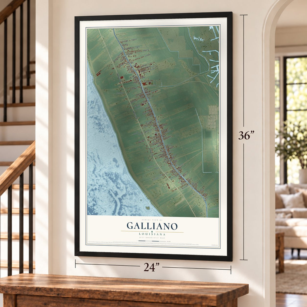 Galliano, Louisiana map, 24 x 36 inch print in a black frame by a staircase