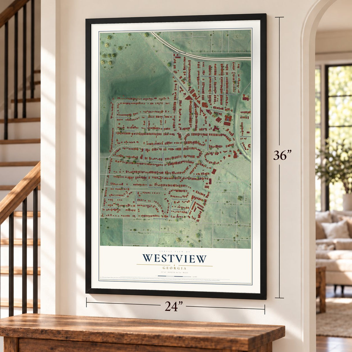 Westview, Georgia map, 24 x 36 inch print in a black frame by a staircase