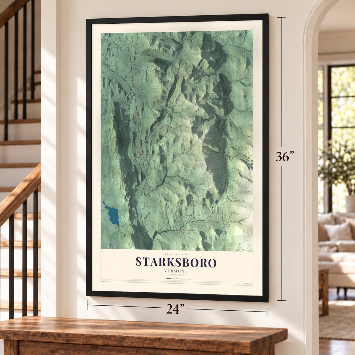 Starksboro, Vermont map, 24 x 36 inch print in a black frame by a staircase