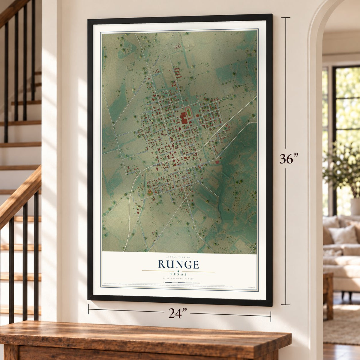 Runge, Texas map, 24 x 36 inch print in a black frame by a staircase