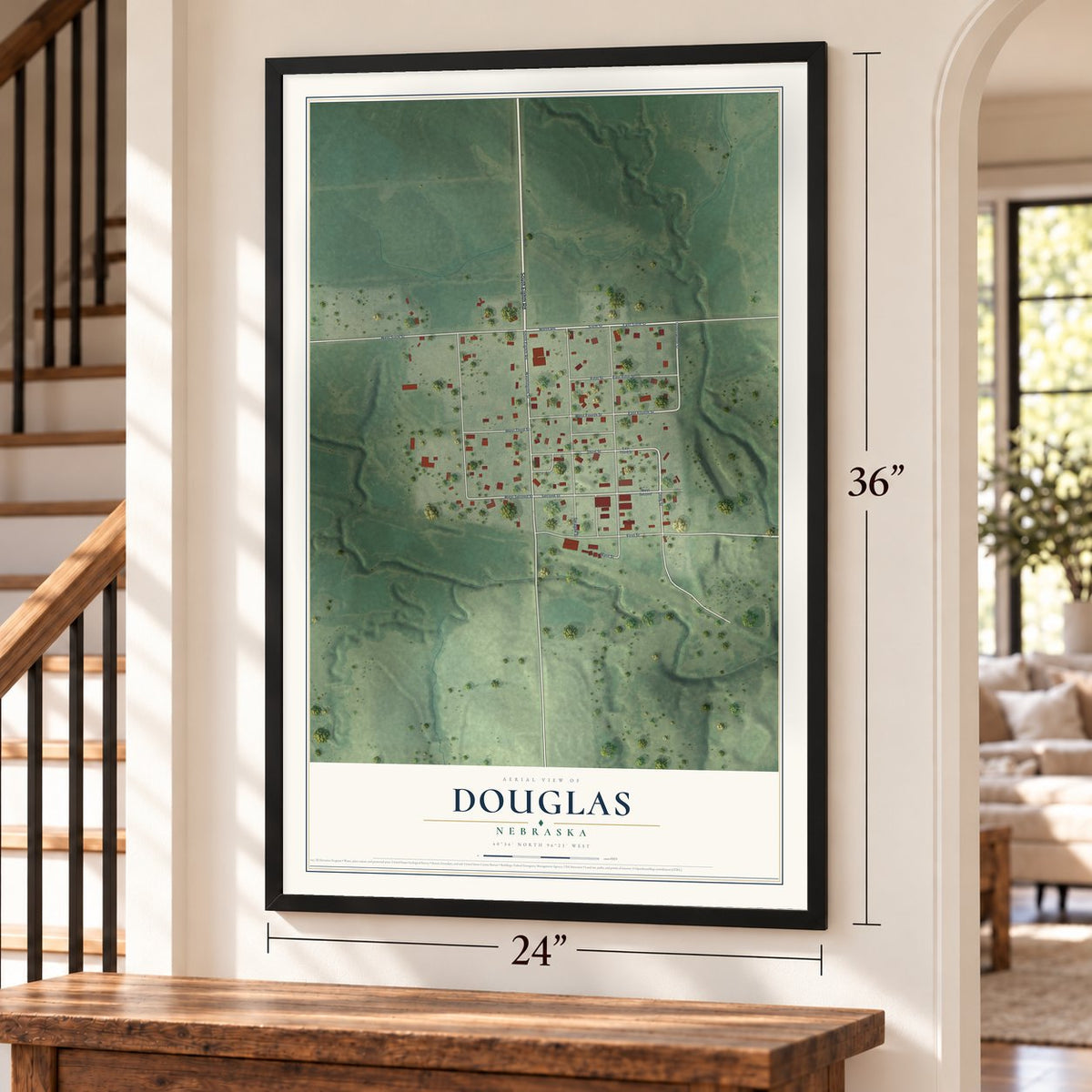 Douglas, Nebraska map, 24 x 36 inch print in a black frame by a staircase