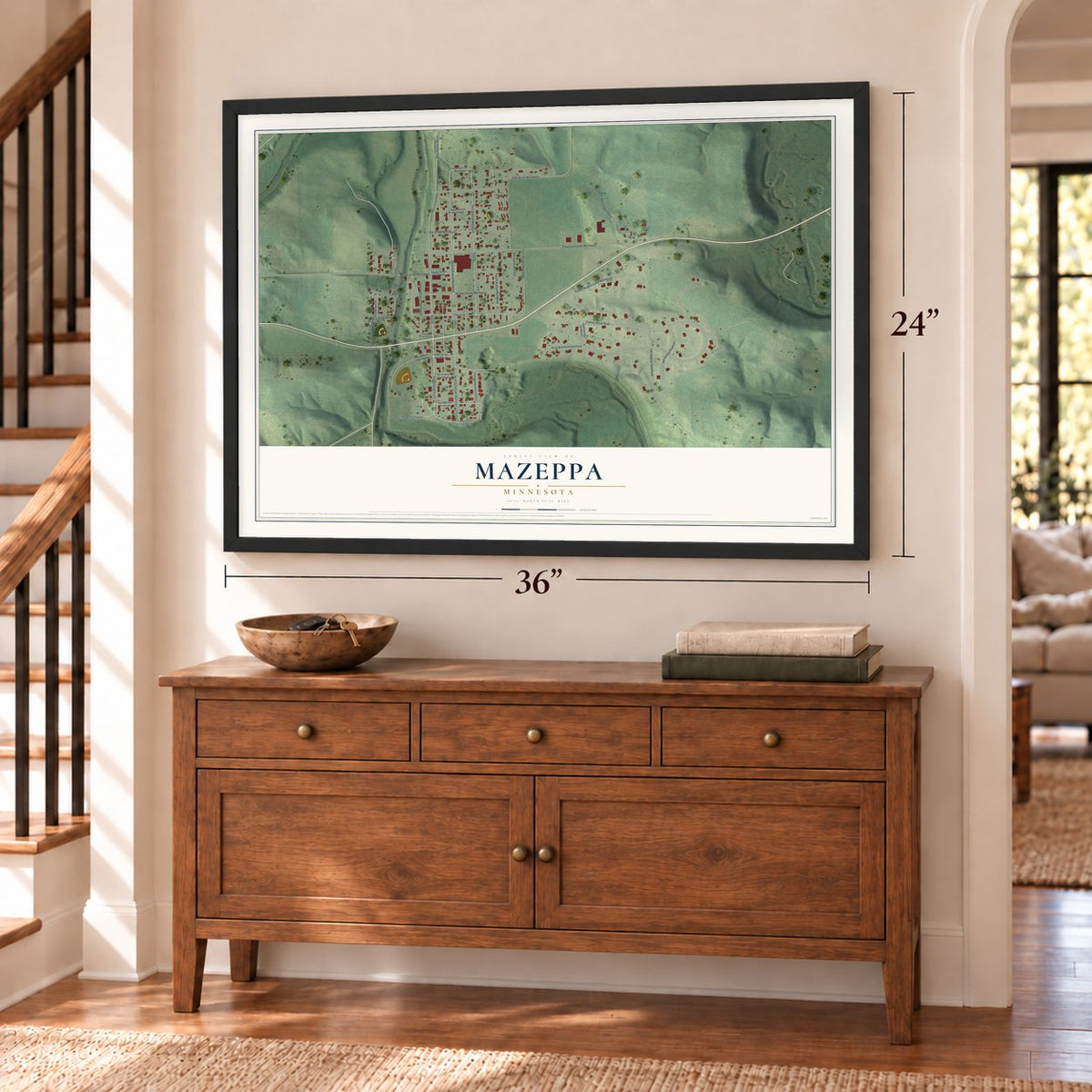Mazeppa, Minnesota map, 24 x 36 inch print in a black frame above a dresser by a staircase
