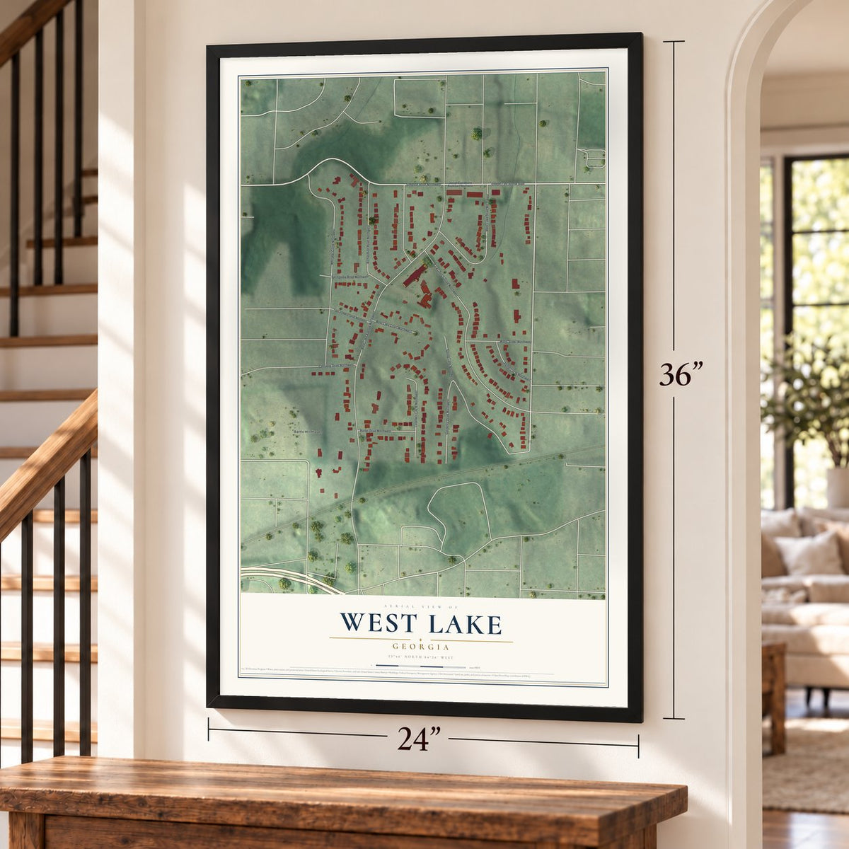 West Lake, Georgia map, 24 x 36 inch print in a black frame by a staircase