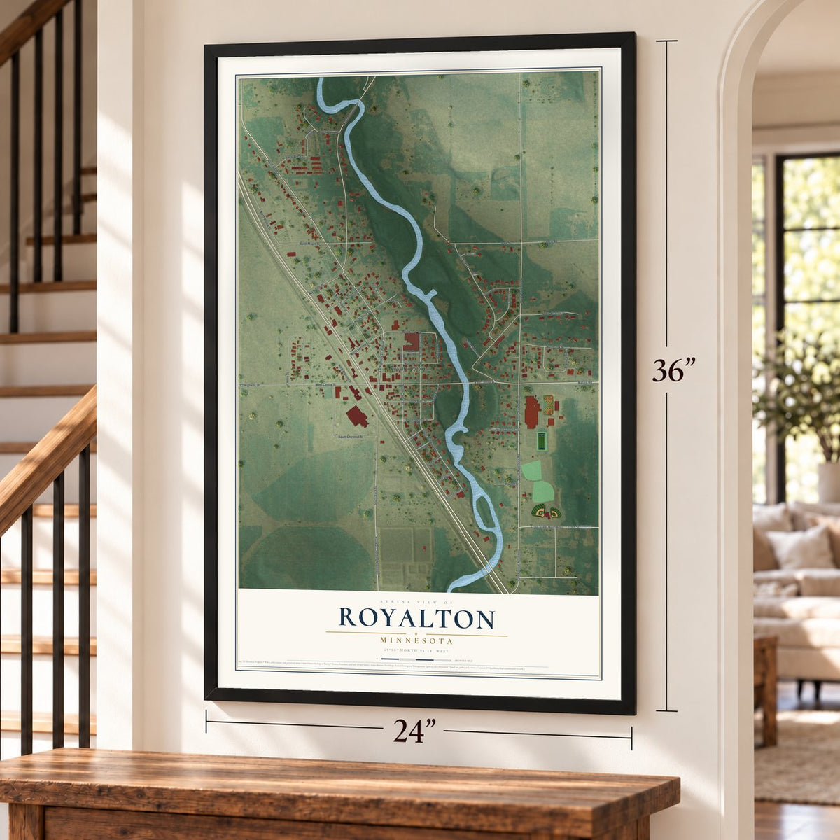 Royalton, Minnesota map, 24 x 36 inch print in a black frame by a staircase