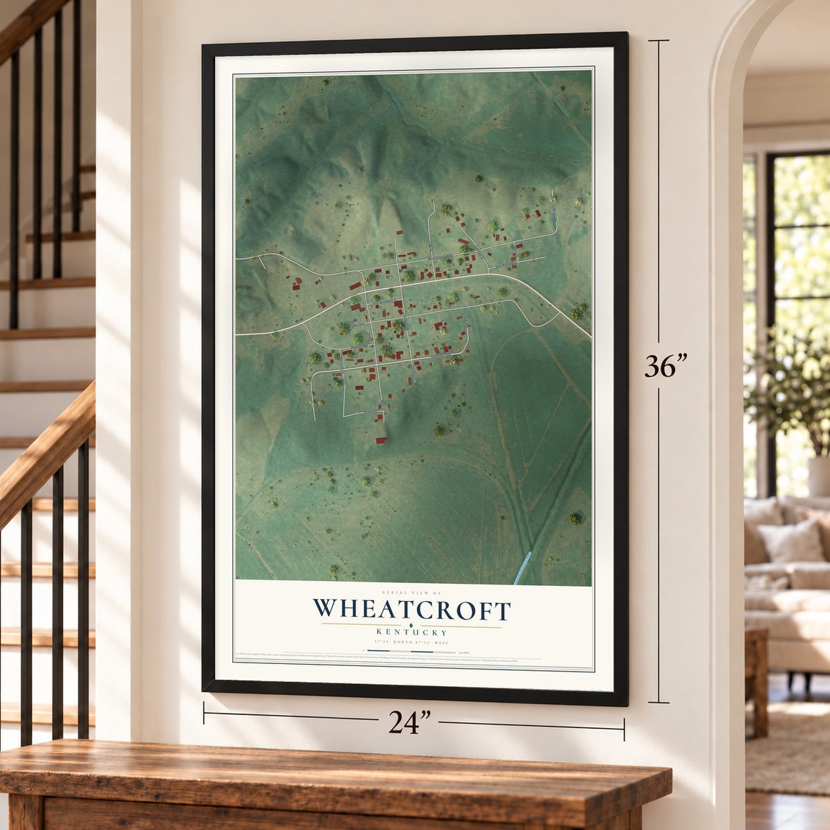 Wheatcroft, Kentucky map, 24 x 36 inch print in a black frame by a staircase