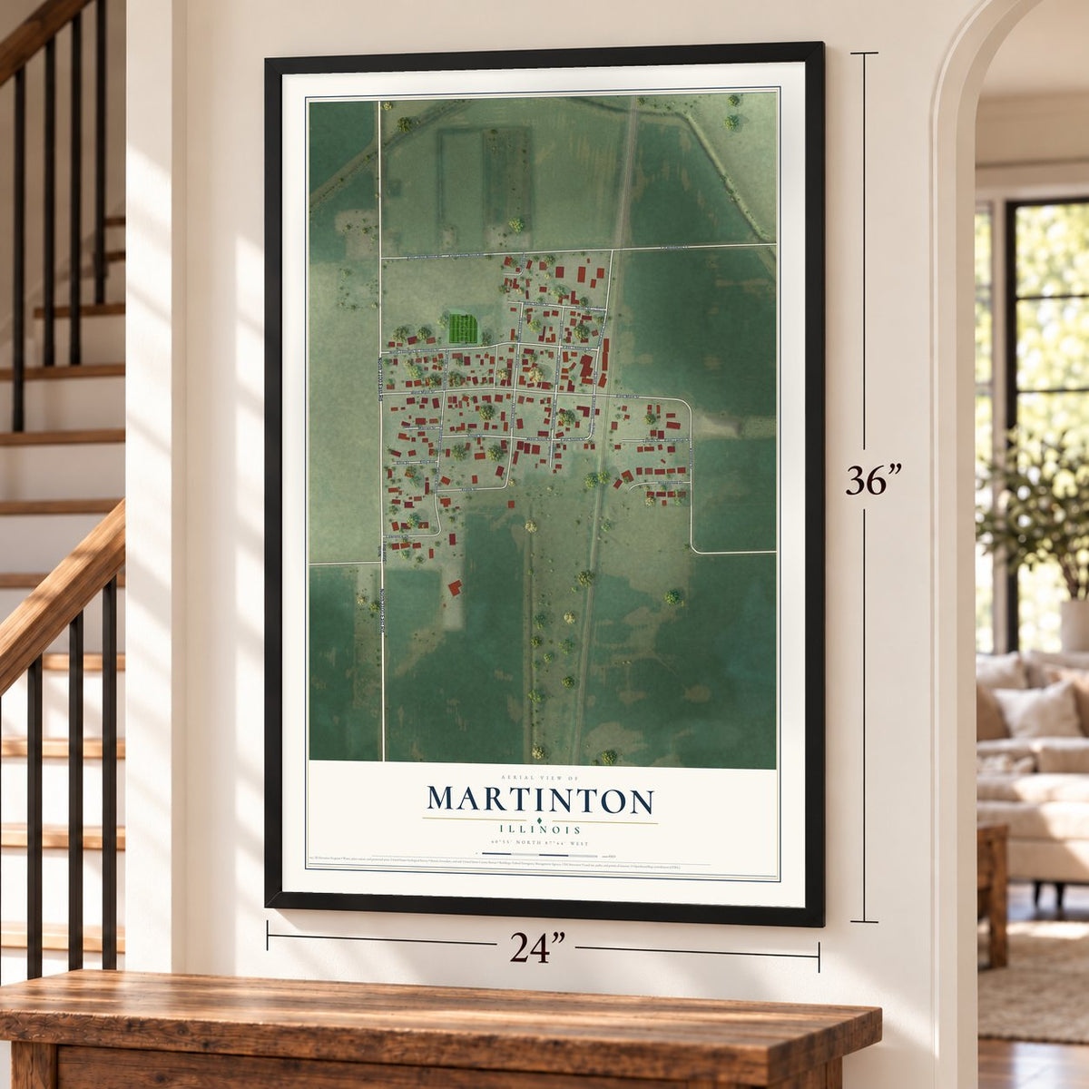 Martinton, Illinois map, 24 x 36 inch print in a black frame by a staircase