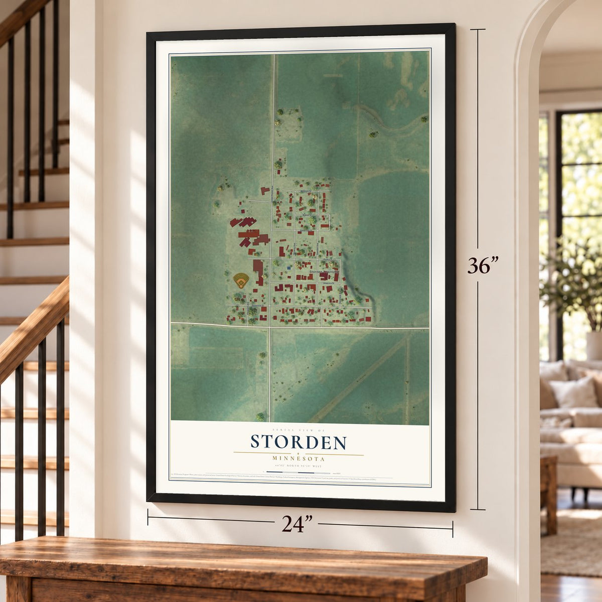 Storden, Minnesota map, 24 x 36 inch print in a black frame by a staircase