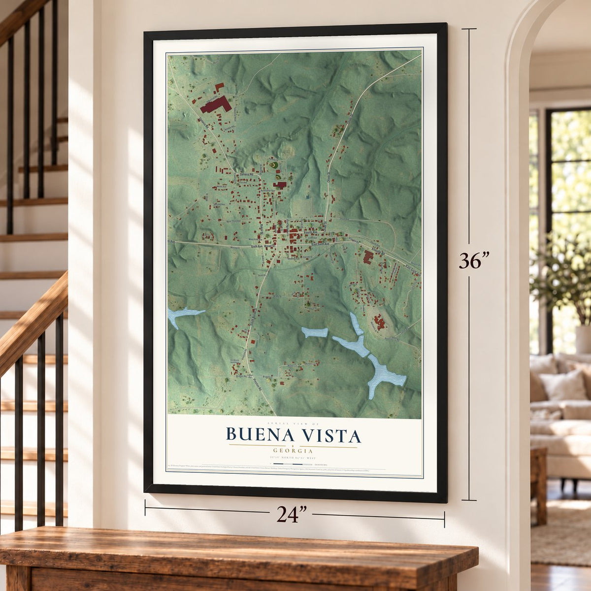 Buena Vista, Georgia map, 24 x 36 inch print in a black frame by a staircase