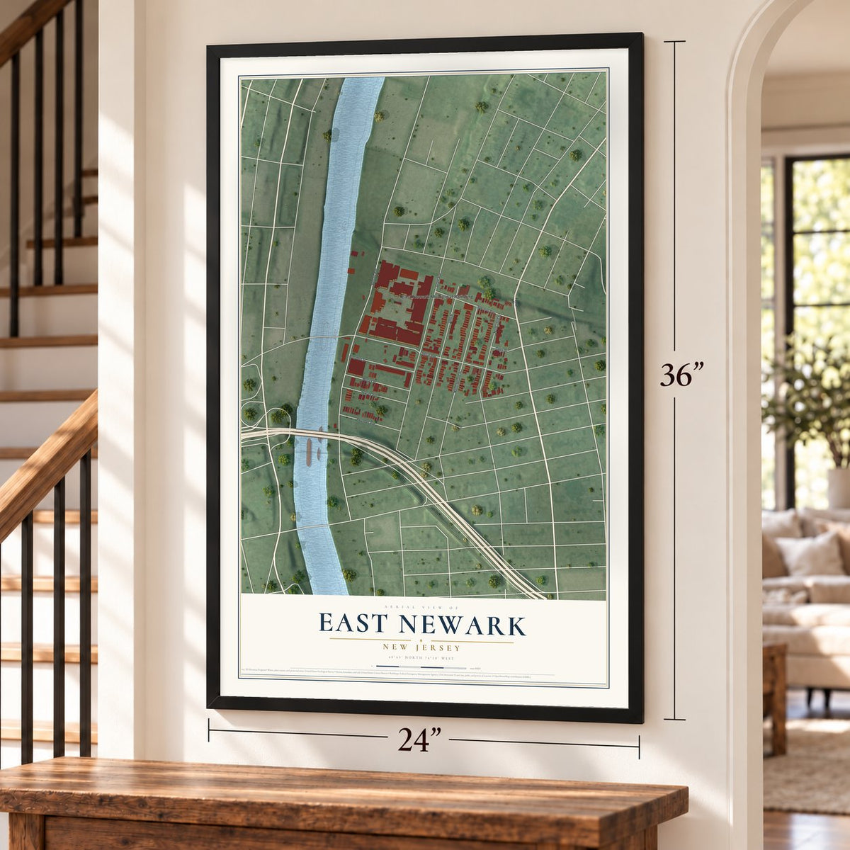 East Newark, New Jersey map, 24 x 36 inch print in a black frame by a staircase