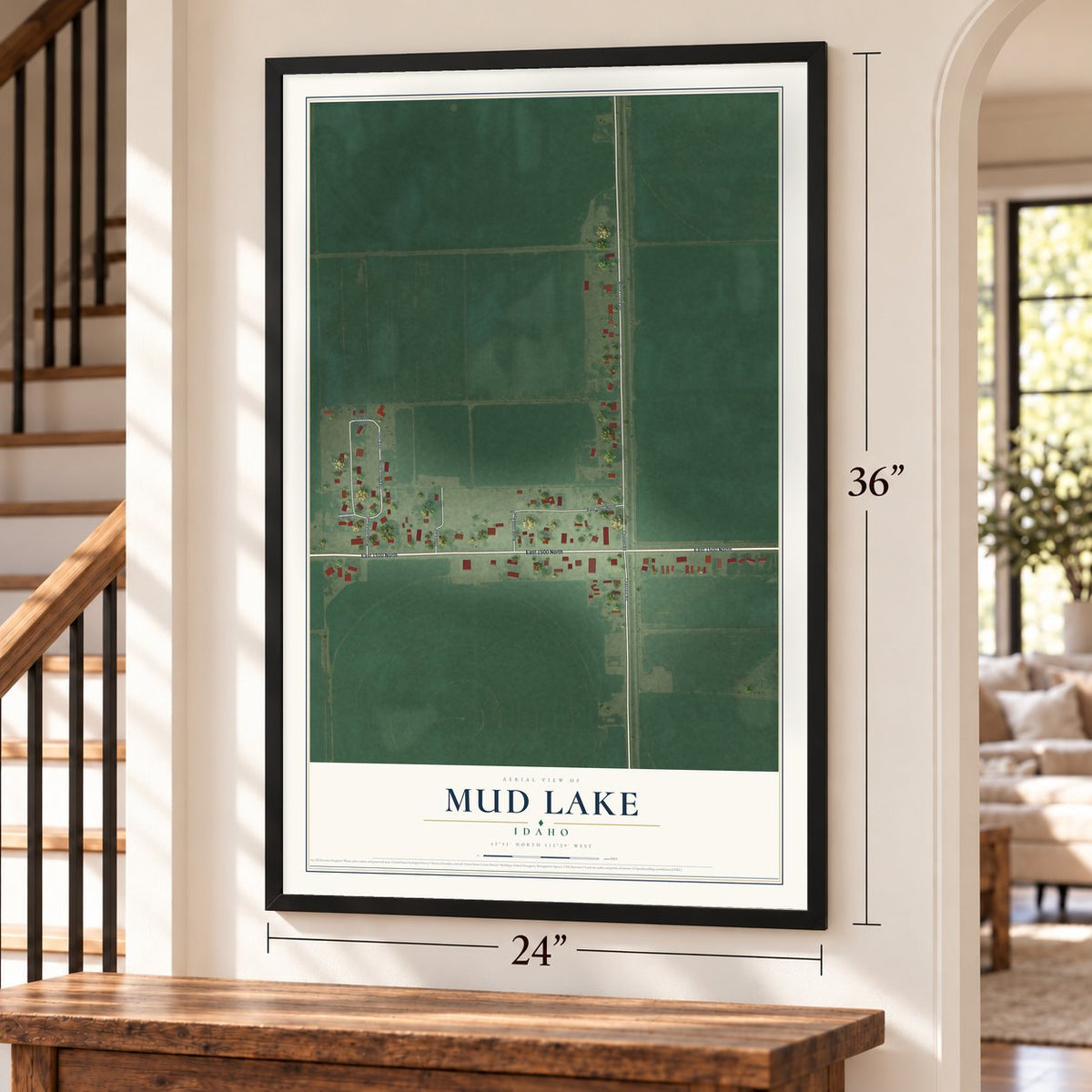 Mud Lake, Idaho map, 24 x 36 inch print in a black frame by a staircase