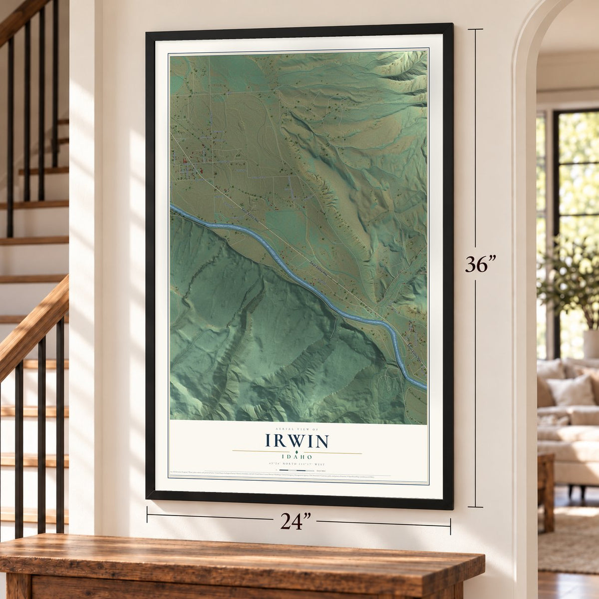 Irwin, Idaho map, 24 x 36 inch print in a black frame by a staircase