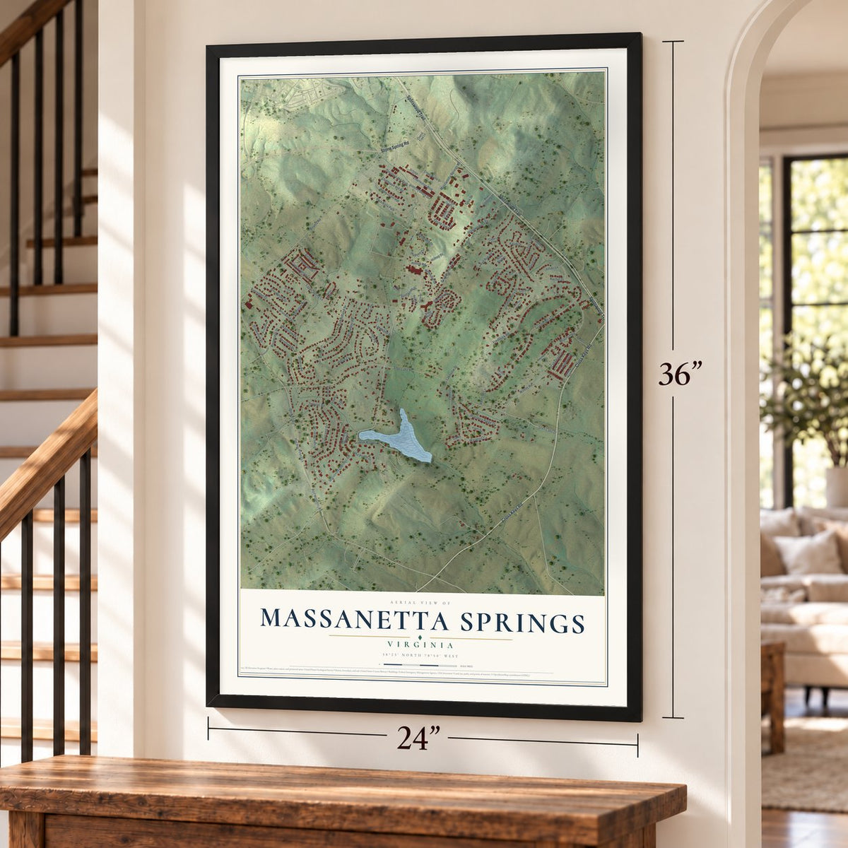 Massanetta Springs, Virginia map, 24 x 36 inch print in a black frame by a staircase