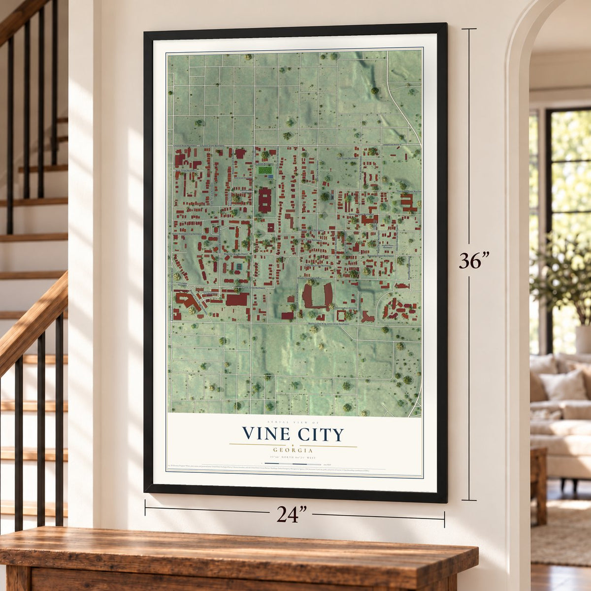 Vine City, Georgia map, 24 x 36 inch print in a black frame by a staircase