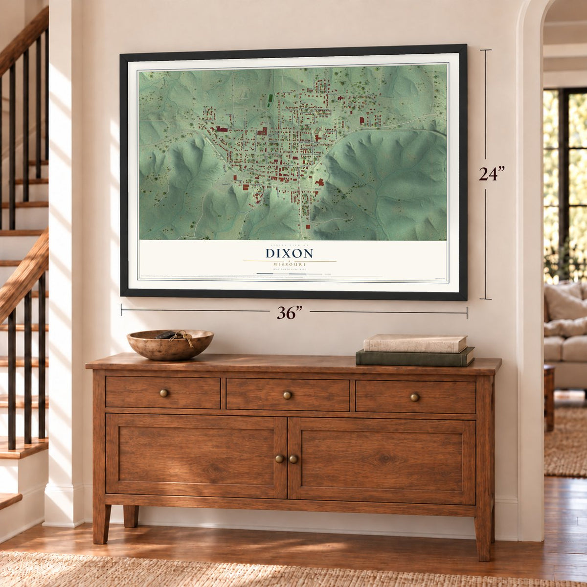 Dixon, Missouri map, 24 x 36 inch print in a black frame above a dresser by a staircase