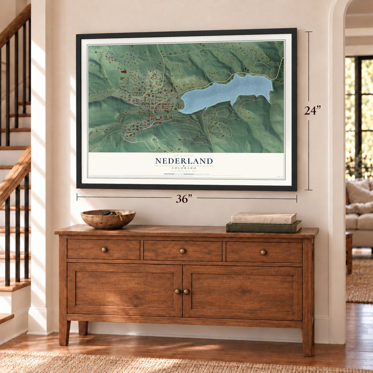 Nederland, Colorado map, 24 x 36 inch print in a black frame above a dresser by a staircase
