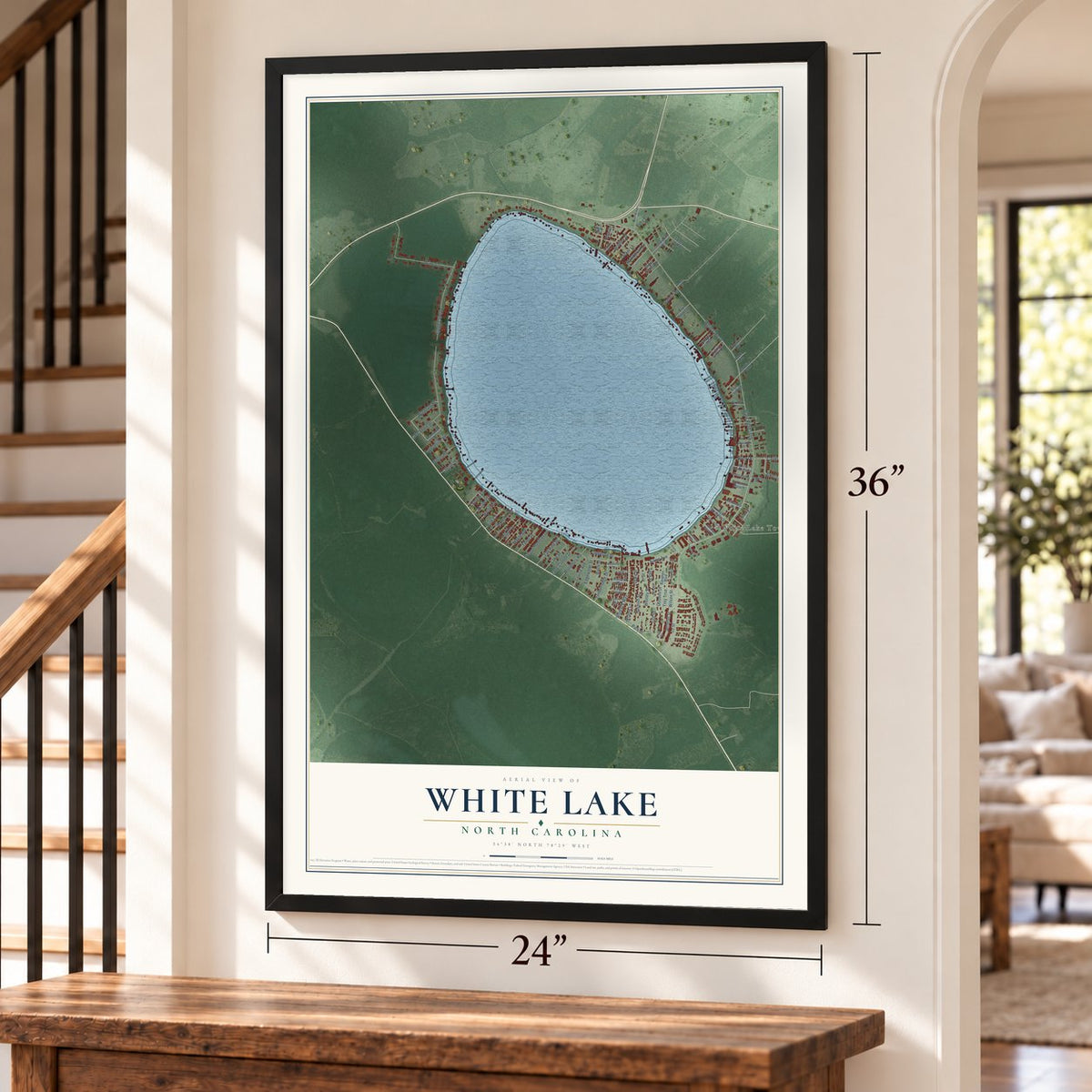 White Lake, North Carolina map, 24 x 36 inch print in a black frame by a staircase