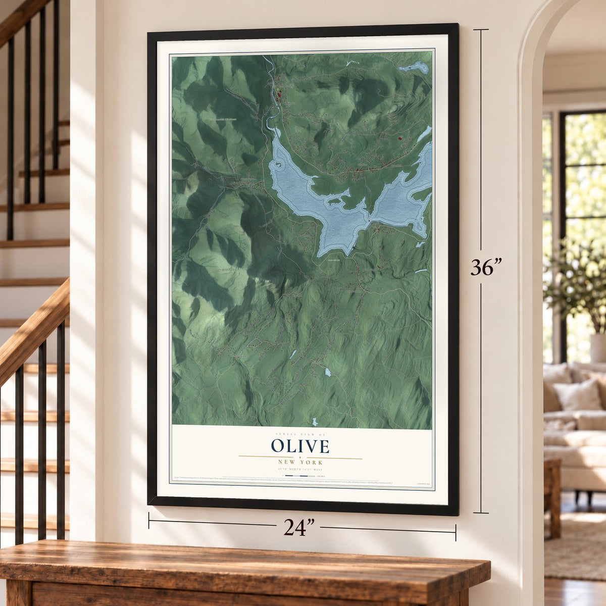 Olive, New York map, 24 x 36 inch print in a black frame by a staircase